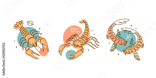 Cancer, scorpio, pisces, water element zodiac signs. Horoscope mystical symbols. Line art.