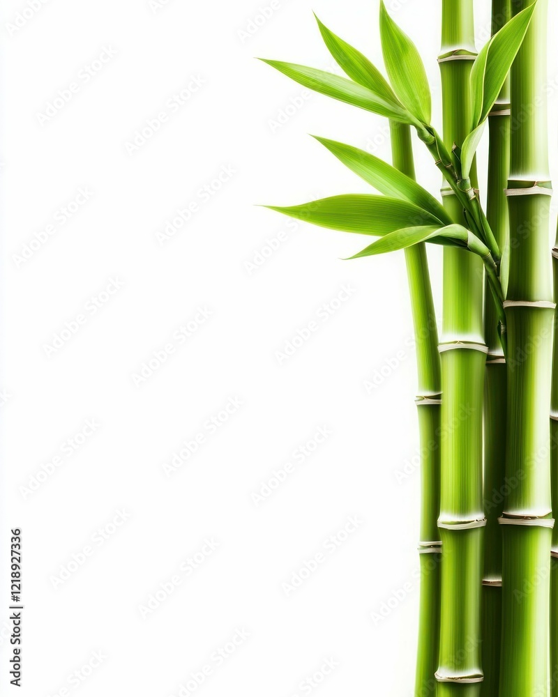 Naklejka premium Fresh Green Bamboo Stalks and Leaves Isolated on White Background