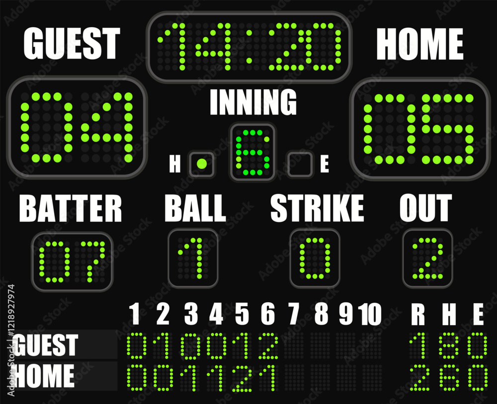 Fototapeta premium Baseball scoreboard on a black background. Vector