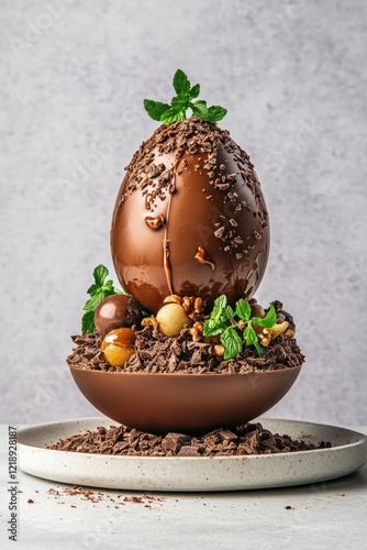 Luxurious chocolate dessert adorned with truffles, nuts, and drizzled chocolate on a white backdrop, symbolizing indulgence. photo