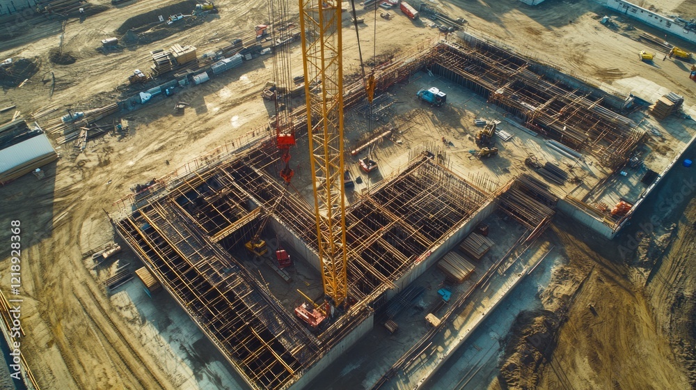 Aerial view of construction site, building foundations, heavy machinery, urban development Aerial view of construction site, building foundations, heavy machinery, urban development