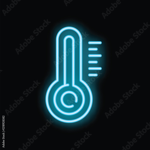 Neon thermometer icon glowing on dark background, concept of temperature measurement