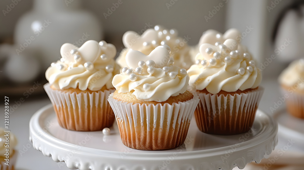 Cupcakes with heart-shaped whipped cream on top, decorated with edible pearls and placed on a tiered cake stand. Cupcakes with heart-shaped whipped cream on top, decorated with edible pearls and placed on a tiered cake stand.