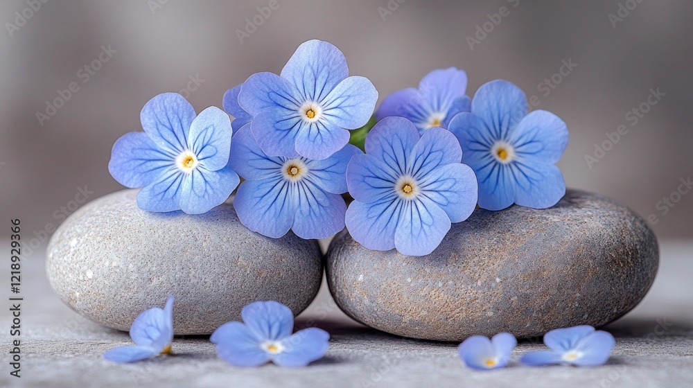 Blue flowers on stones, spa, calm background, wellness Blue flowers on stones, spa, calm background, wellness