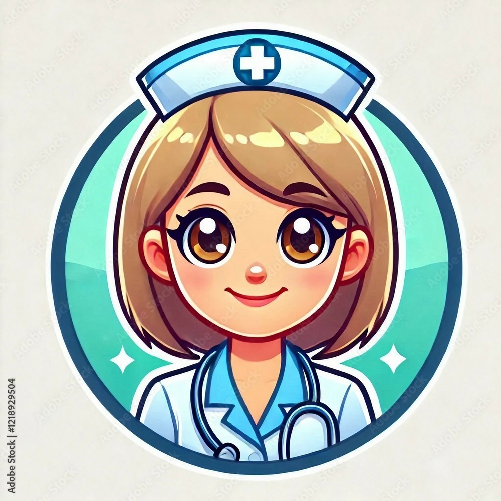 Obraz premium Cartoon female nurse character with cheerful expression. Art in flat color style