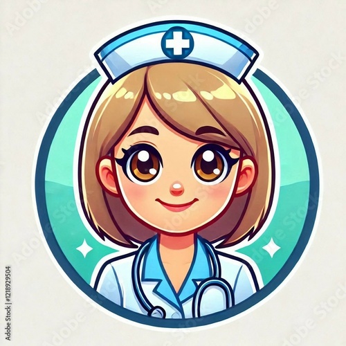 Cartoon female nurse character with cheerful expression. Art in flat color style
