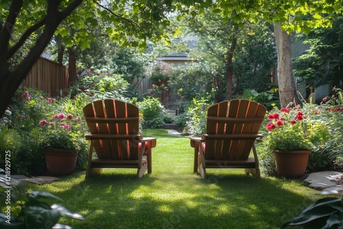 Two adirondack chairs inviting to relax in beautiful green garden during summer