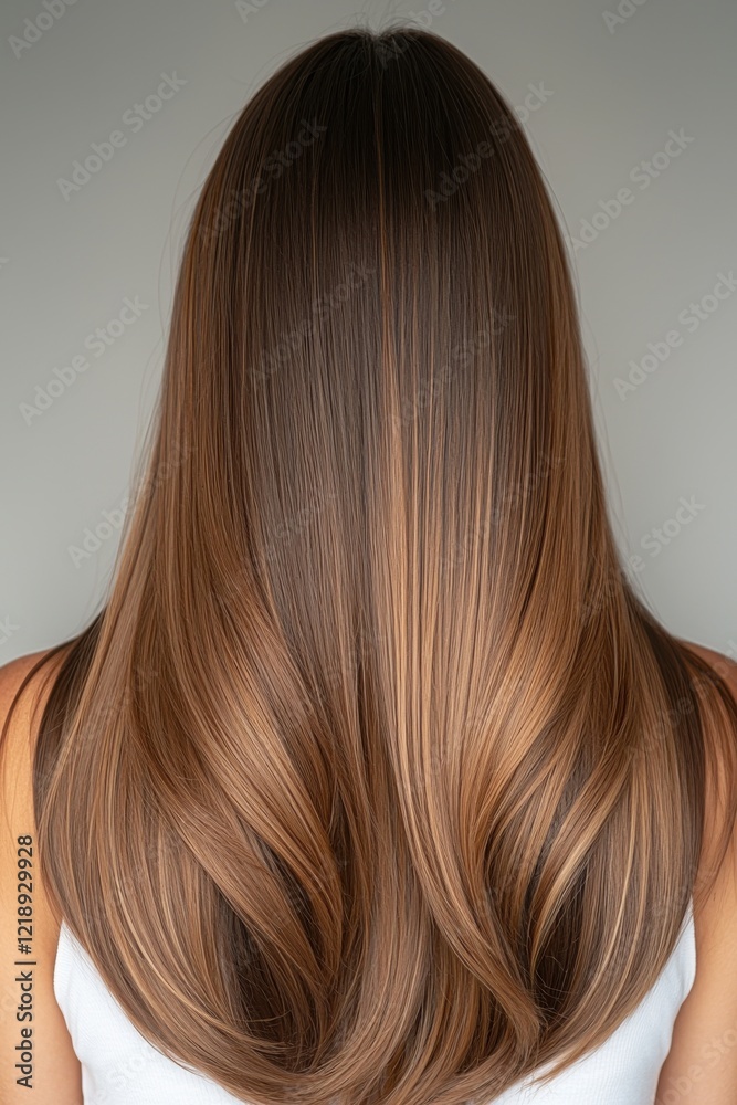 Long and silky hair with natural highlights showcased against a neutral background Long and silky hair with natural highlights showcased against a neutral background