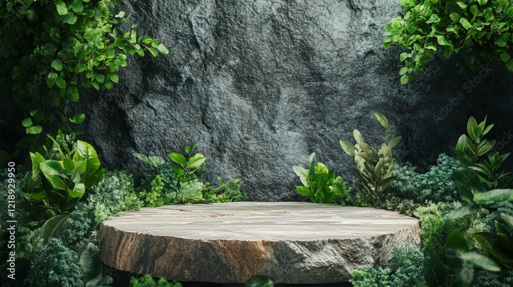 Stone Platform Green Lush Foliage Nature Background Mockup Display Scene Scene Fresh Plants Leaves Stone Platform Green Lush Foliage Nature Background Mockup Display Scene Scene Fresh Plants Leaves