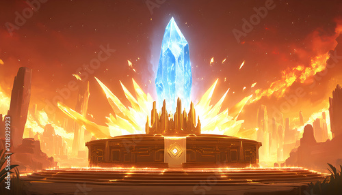 Epic fantasy landscape featuring a majestic golden altar, a radiant blue crystal, and fiery, crystalline structures.  Perfect for game design, fantasy art, or mythology concepts.