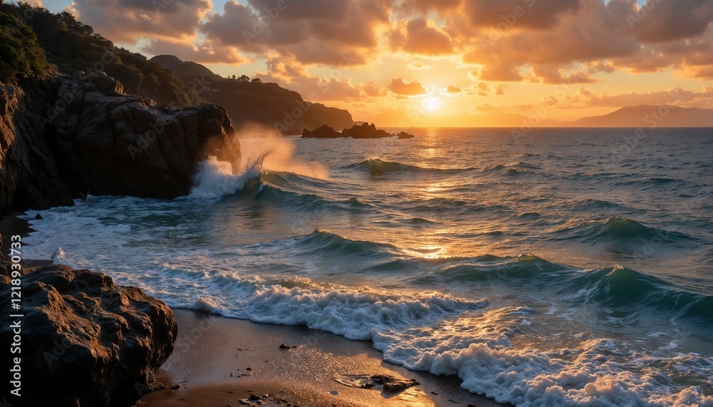 Obraz premium Sunset Over Ocean Waves Crashing on Rocky Shoreline with Dramatic Sky for Concept World Water Day 