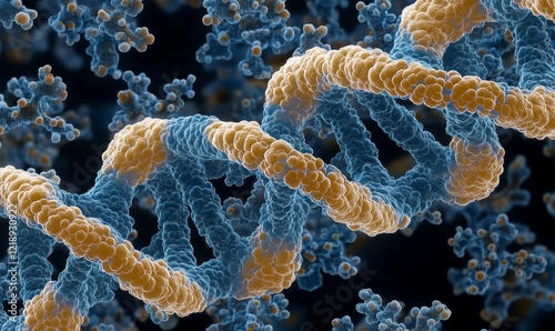 Detailed View of Human DNA Helix Under Microscope, Blue Chromosome Structure Close-Up, Genetic Research Macro, Scientific Background Concept, 