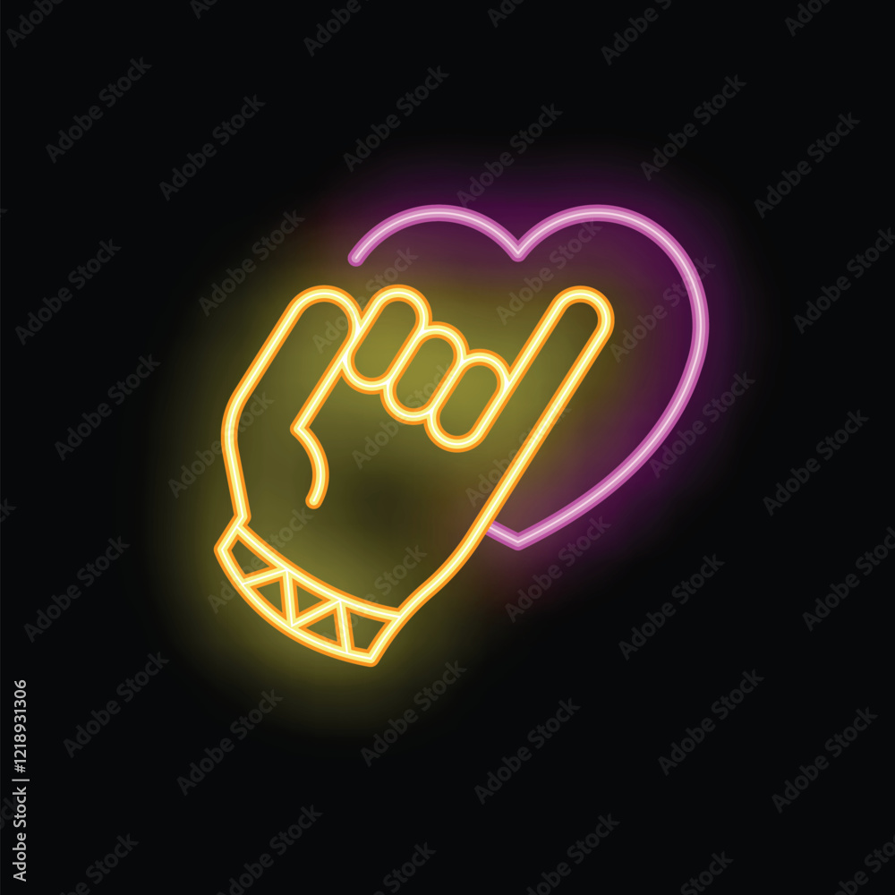 Obraz premium Neon sign of a hand making the korean love sign with its index finger and thumb, forming a small heart shape, near a bigger glowing heart