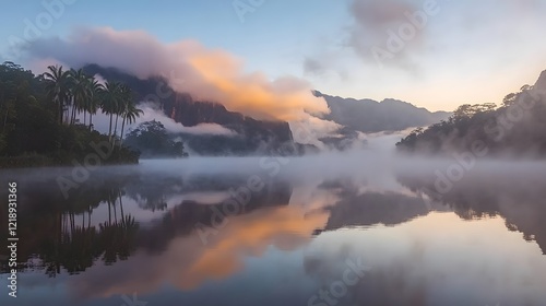 Misty Sunrise Lake Tropical Landscape Mountains Reflection