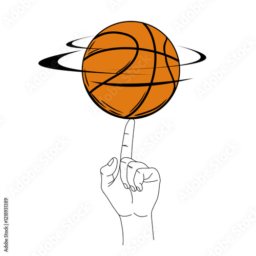 Hand spinning basketball ball on fingertip. Design element for sports concept, poster, banner, ads, tournament announcement, event invitation. Vector illustration photo