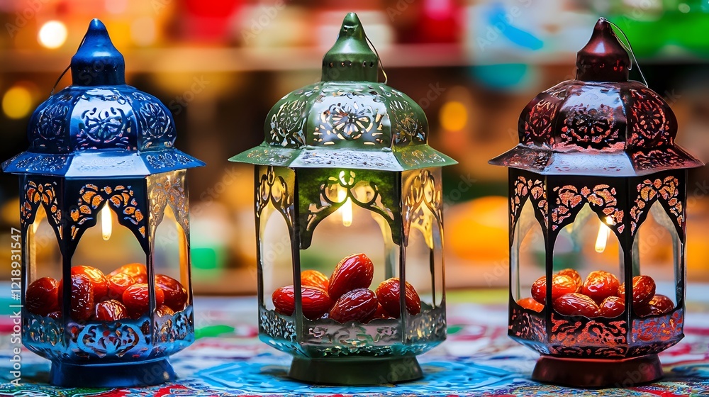 Fototapeta premium Three Illuminated Metal Lanterns with Dates Festive Ramadan Decor