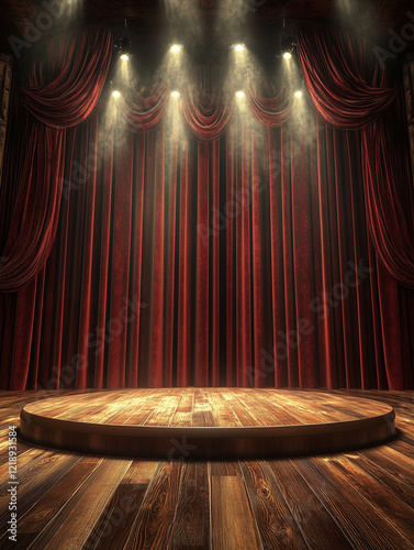 Wooden podium for product presentation with red velvet curtains and stage lighting