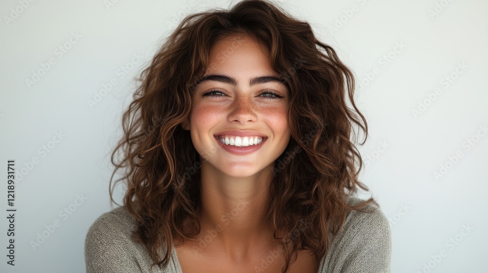 Naklejka premium Smiling woman with curly hair enjoys a moment of joy in a bright, simple indoor setting during daylight hours