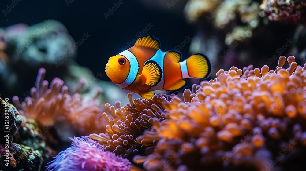 Fototapeta premium A colorful coral reef bustling with clownfish