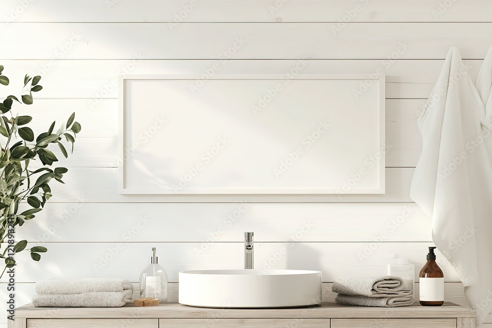 Fototapeta premium Modern Farmhouse Bathroom Mockup with Blank Frame