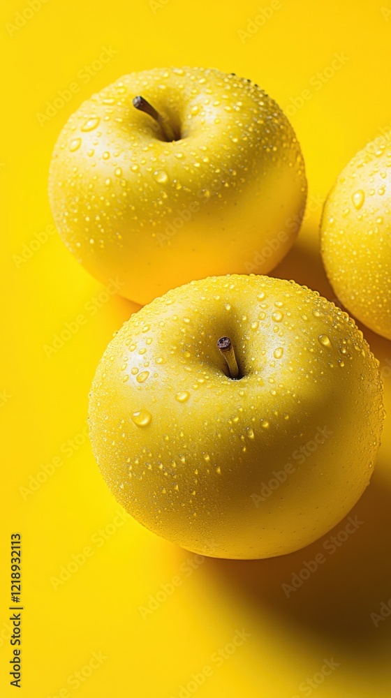 Fresh yellow apples with droplets arranged on a vibrant yellow background create a cheerful display Fresh yellow apples with droplets arranged on a vibrant yellow background create a cheerful display