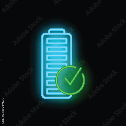 Blue neon battery icon with green checkmark indicating full charge status