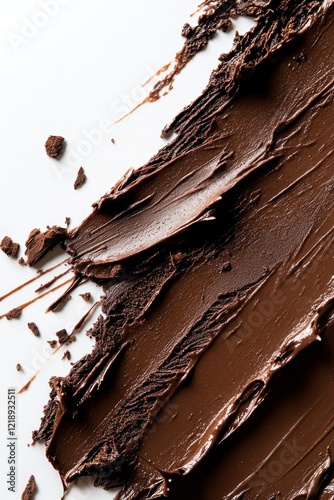 Smoothing rich dark chocolate on a white surface for dessert decoration or culinary preparation photo