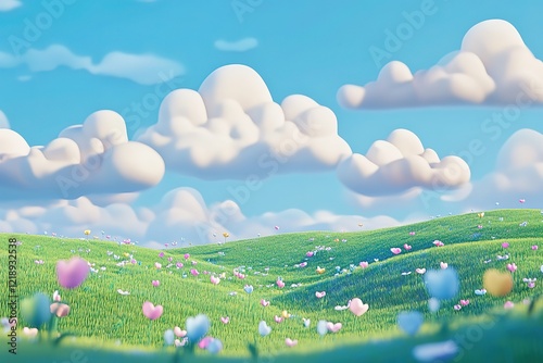 Colorful Cartoon Meadow Under a Cloudy Sky