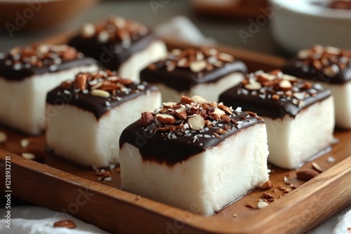 Wallpaper Mural Coconut Marshmallows Covered in Dark Chocolate and Topped with Almonds and Coconut Flakes on Wooden Tray Torontodigital.ca