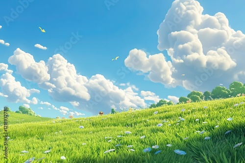A vibrant, animated meadow under a summer sky