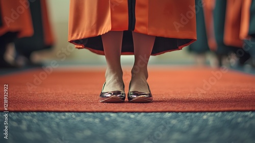 Close-up of small feet in shiny shoes peeking out from under a graduation gown, standing on tiptoes in excitement photo