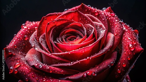 Drone Shot Red Rose Close-up, Water Droplets, Black Background