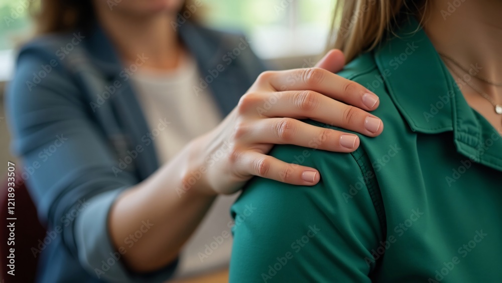 Close-up view of a comforting hand placed gently on someone's shoulder in a supportive gesture, emphasizing empathy and human connection. Close-up view of a comforting hand placed gently on someone's shoulder in a supportive gesture, emphasizing empathy and human connection.