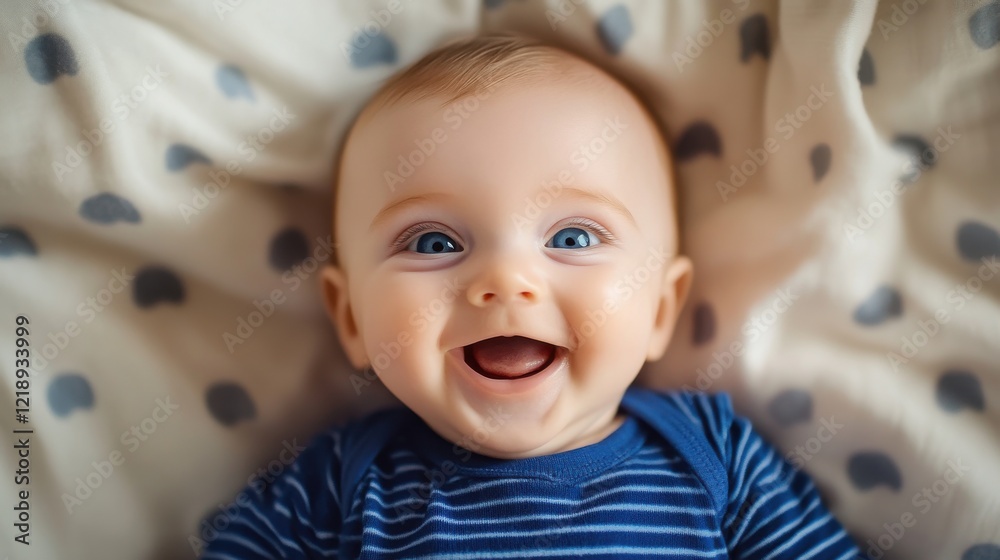 Happy baby with bright blue eyes smiles while lying on a cozy blanket during a sunny afternoon indoors Happy baby with bright blue eyes smiles while lying on a cozy blanket during a sunny afternoon indoors