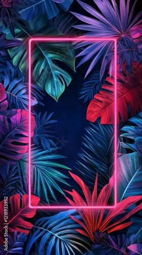 Vibrant Tropical Plants and Neon Frame Background Design in Night Setting with Green and Blue Leaves, Pink and Red Flowers, Trendy Abstract Art Concept for Modern Digital Graphics, 