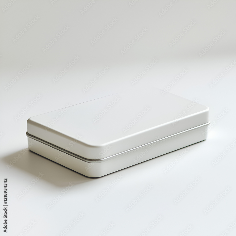 Blank white rectangular tin box on a white background. Perfect for product packaging or branding mockups. Blank white rectangular tin box on a white background. Perfect for product packaging or branding mockups.