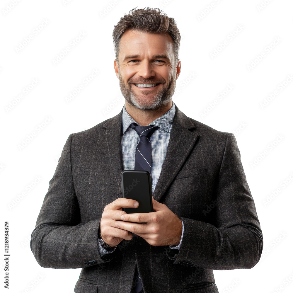 Portrait of smiling confident Caucasian business man with beard 30-40 years old in business suit holding phone in hands, isolate on white transparent background Portrait of smiling confident Caucasian business man with beard 30-40 years old in business suit holding phone in hands, isolate on white transparent background