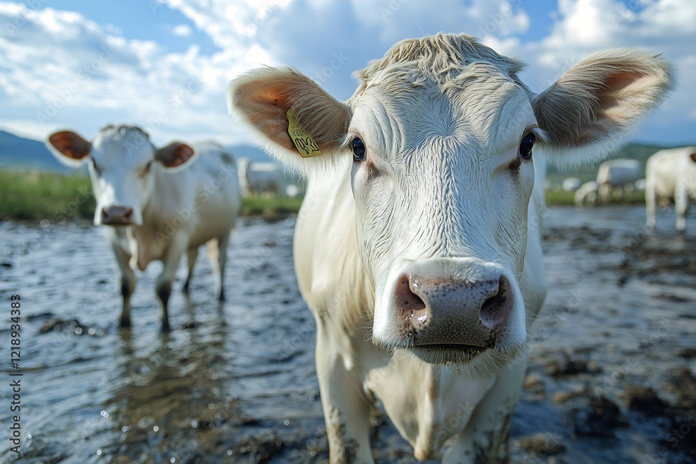 Curious White Cows Standing in a Muddy Field Curious White Cows Standing in a Muddy Field