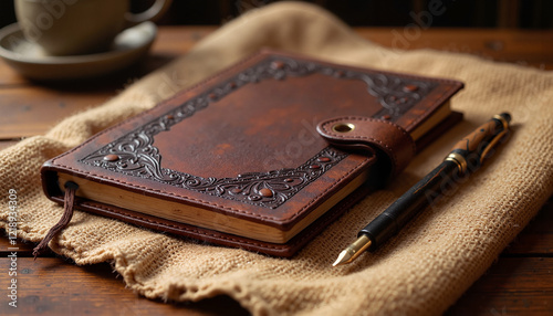 Vintage Leather Journal and Fountain Pen Evoking Moments of Contemplative Writing with copy space photo