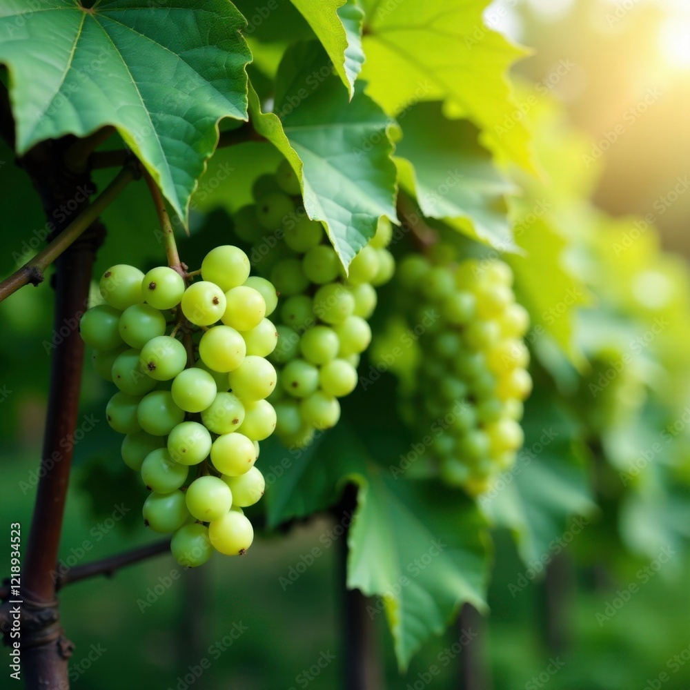 Green grapes hanging in clusters on a lush green vine, autumn leaves, plant life Green grapes hanging in clusters on a lush green vine, autumn leaves, plant life