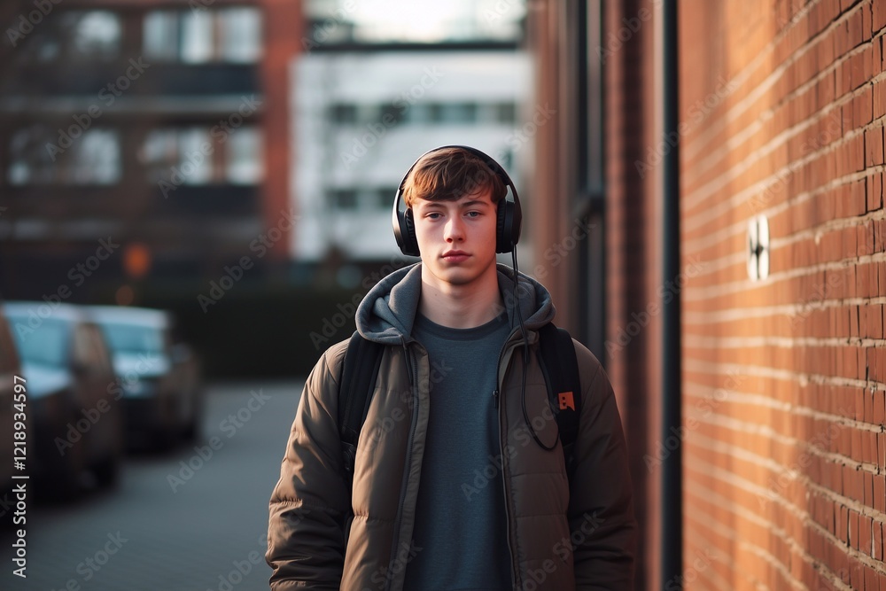 Fototapeta premium A teenage boy wearing headphones and a backpack in an urban area near a brick wall, standing in casual attire during sunset, looking thoughtful and stylish. Generative AI.