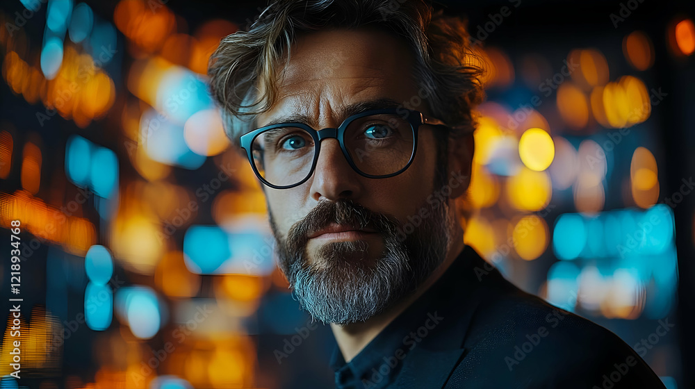 Serious man, city night, bokeh background, corporate portrait Serious man, city night, bokeh background, corporate portrait