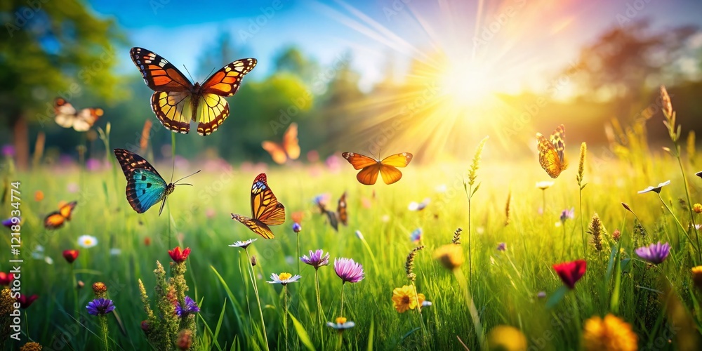 Lush Green Meadow with Vibrant Butterflies - Summer Nature Stock Photo