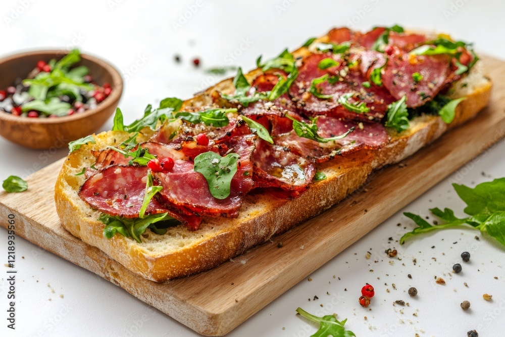 Chef preparing delicious ciabatta bread with italian salami, arugula and spices Chef preparing delicious ciabatta bread with italian salami, arugula and spices