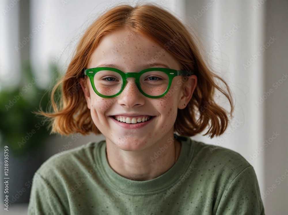 Smiling red-haired girl with green glasses in casual indoor setting Smiling red-haired girl with green glasses in casual indoor setting