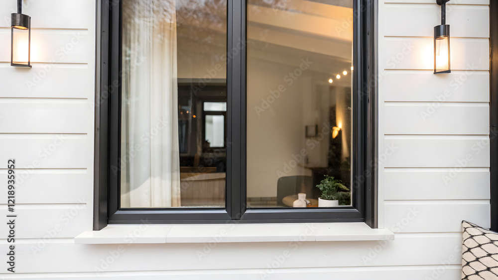 Fototapeta premium Glass window frame house interior on white wall