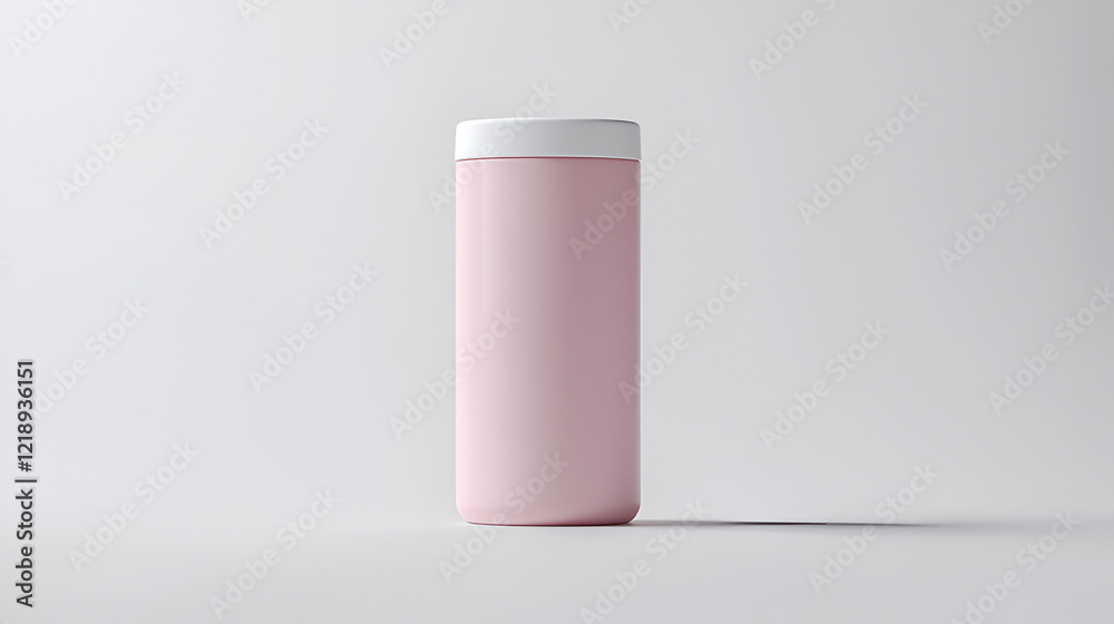 Pink cylindrical container with a white lid, isolated on a white background. Perfect for product packaging mockups. Pink cylindrical container with a white lid, isolated on a white background. Perfect for product packaging mockups.