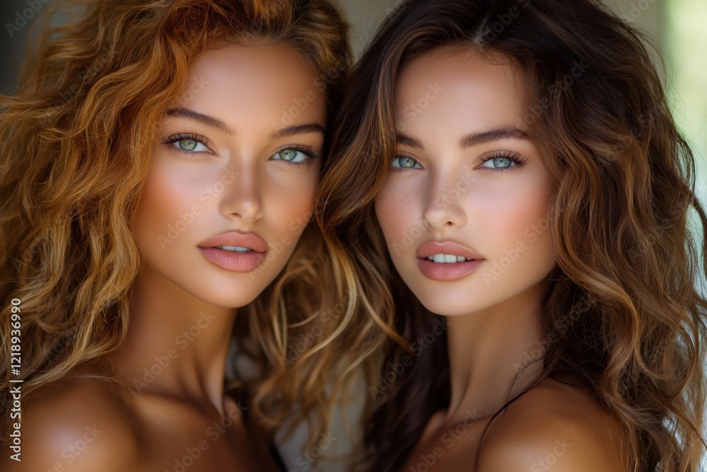 Two beautiful models posing together with wavy hair and perfect makeup Two beautiful models posing together with wavy hair and perfect makeup