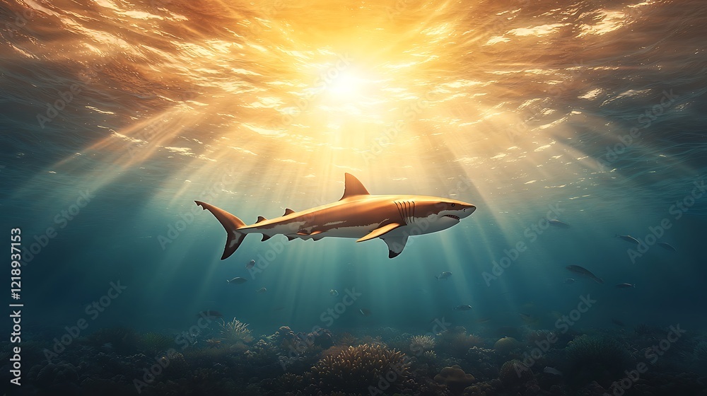 Fototapeta premium Artistic underwater tattoo idea with sunlight rays, coral reef details, and a variety of tropical fish surrounding a fearsome great white shark in vivid ocean colors, 