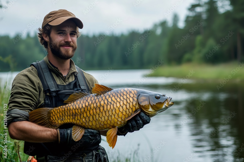 Fisherman holding a large common carp while fishing in a lake Fisherman holding a large common carp while fishing in a lake